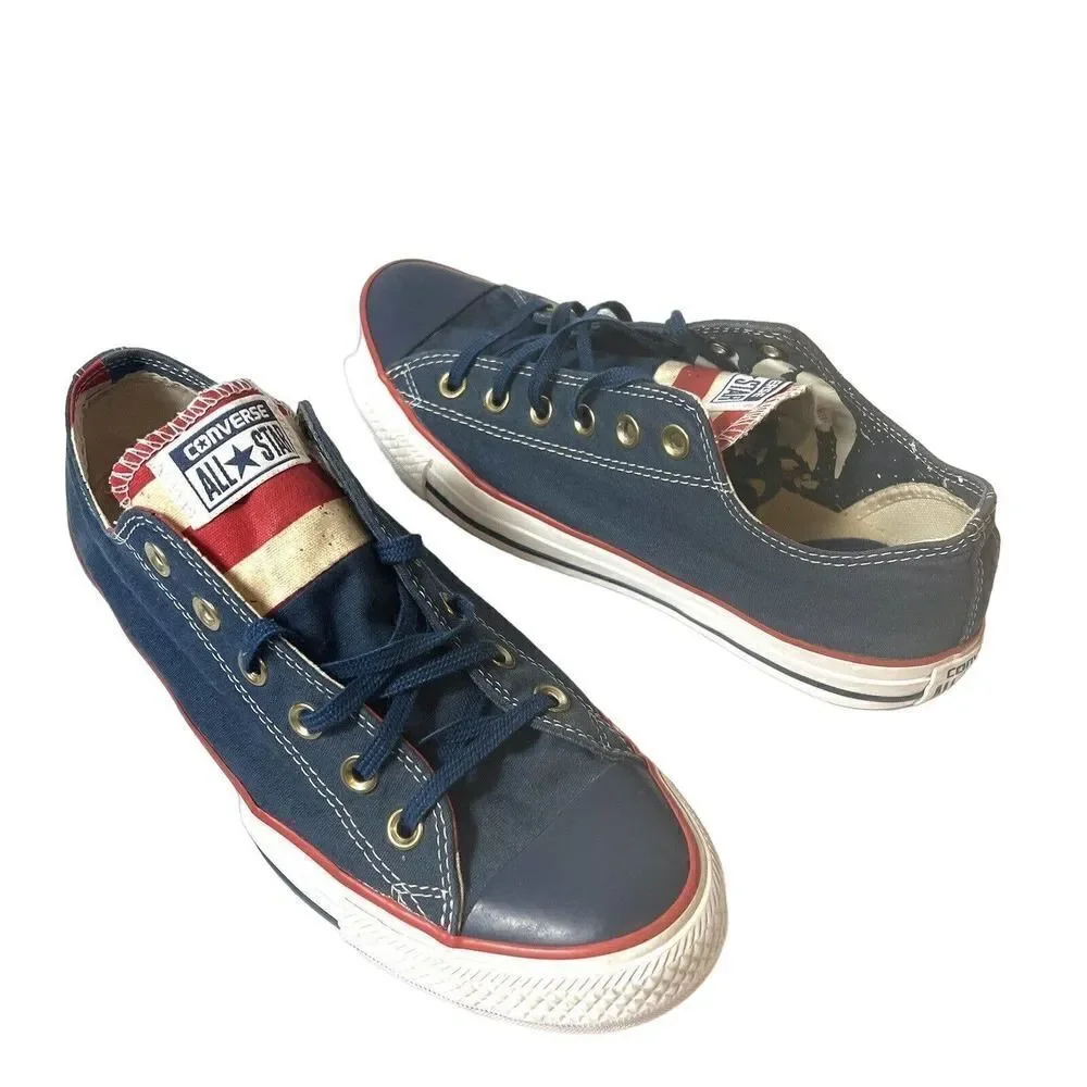Converse All Star Skate Shoe Men 7 Blue Red Cream Striped Tongue Low Top Lace Up